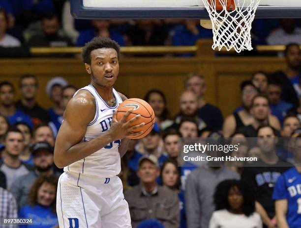 Wendell Carter Jr of the Duke Blue Devils against the Evansville Aces during their game at Cameron Indoor Stadium on December 20, 2017 in Durham,...