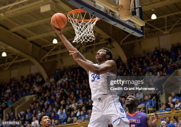 Wendell Carter Jr of the Duke Blue Devils against the Evansville Aces during their game at Cameron Indoor Stadium on December 20, 2017 in Durham,...