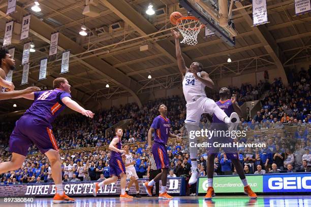 Wendell Carter Jr of the Duke Blue Devils against the Evansville Aces during their game at Cameron Indoor Stadium on December 20, 2017 in Durham,...