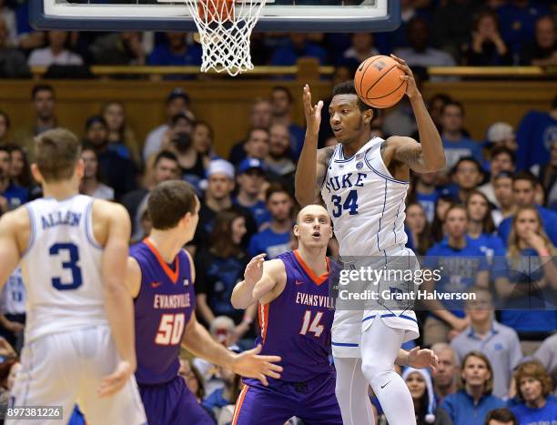 Wendell Carter Jr of the Duke Blue Devils against the Evansville Aces during their game at Cameron Indoor Stadium on December 20, 2017 in Durham,...