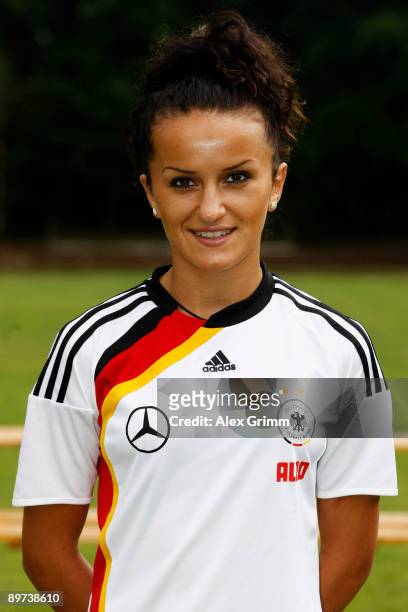 Fatmire Bajramaj poses during a photo call of the German women's national soccer team on August 10, 2009 in Neu-Isenburg, Germany.