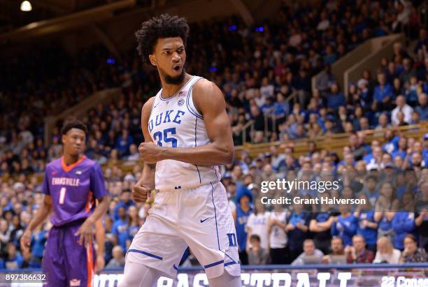 Marvin Bagley III of the Duke Blue Devils against the Evansville Aces during their game at Cameron Indoor Stadium on December 20, 2017 in Durham,...