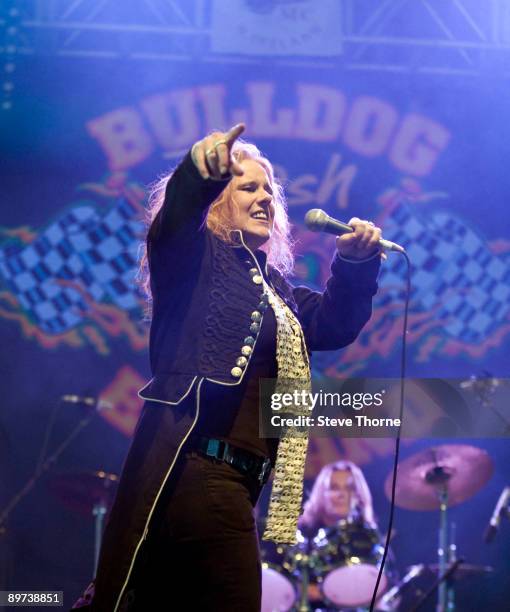 Nikki Lamborn of Never The Bride performs on stage on the second day of the Bulldog Bash festival at Avon Park Raceway on August 7, 2009 in Long...