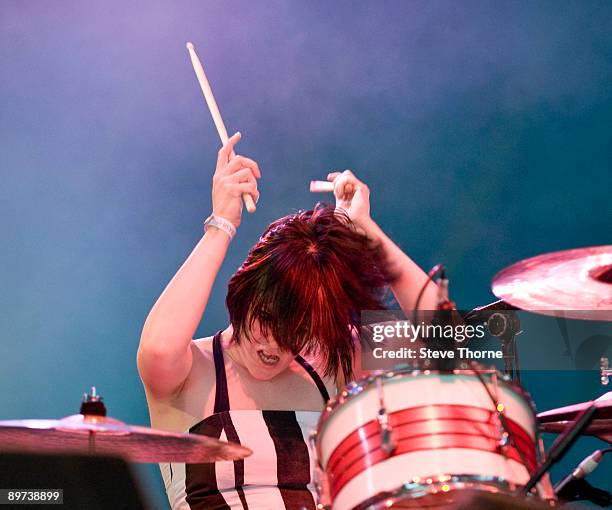 Eileen Spruce of Le Chat Noir performs on stage on the second day of the Bulldog Bash festival at Avon Park Raceway on August 7, 2009 in Long...