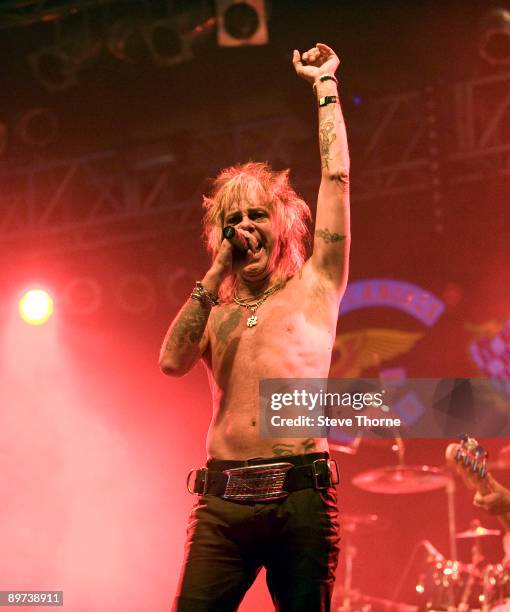 John Ward of Oliver/Dawson Saxon performs on stage on the second day of the Bulldog Bash festival at Avon Park Raceway on August 7, 2009 in Long...