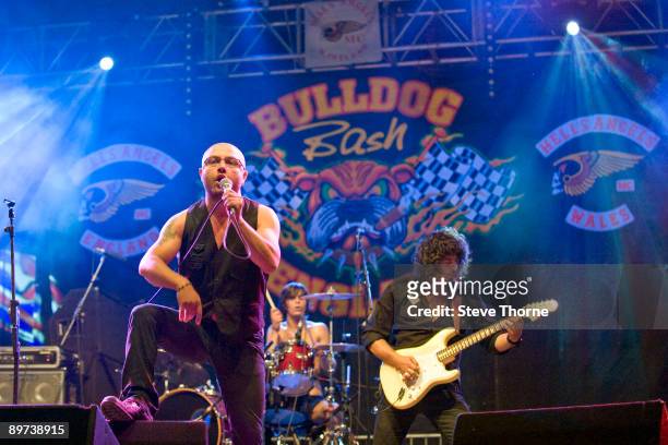 Candido, Wire and Nico Tamburella of Nico's Alchemy perform on stage on the third day of the Bulldog Bash at Avon Park Raceway on August 8, 2009 in...