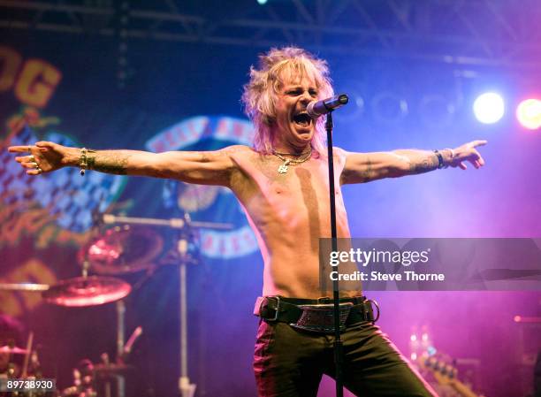 John Ward of Oliver/Dawson Saxon performs on stage on the second day of the Bulldog Bash festival at Avon Park Raceway on August 7, 2009 in Long...