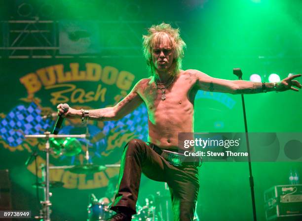 John Ward of Oliver/Dawson Saxon performs on stage on the second day of the Bulldog Bash festival at Avon Park Raceway on August 7, 2009 in Long...