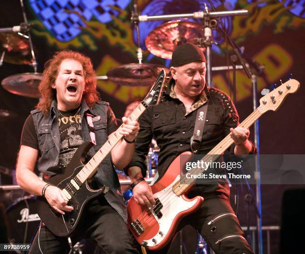 Graham Oliver and Steve Dawson of Oliver/Dawson Saxon perform on stage on the second day of the Bulldog Bash festival at Avon Park Raceway on August...