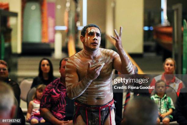 Jarred Fogarty of the Yugambeh clan performs at Auckland War Memorial Museum during the Commonwealth Games Queens Baton Relay Visit to Auckland on...