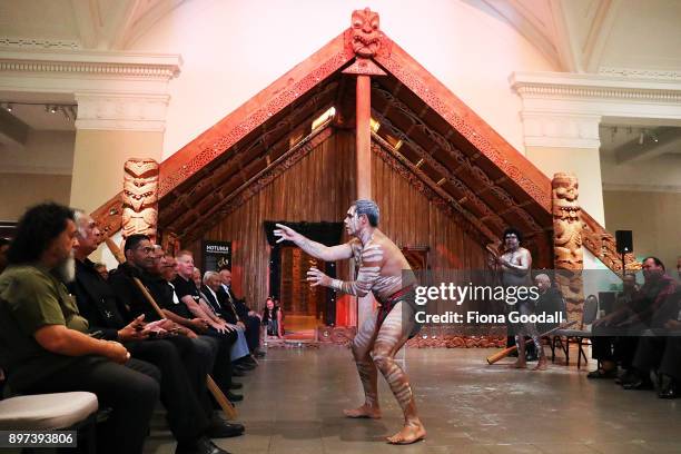 Jarred Fogarty performs as the Queens Baton is passed to the Yugambeh people at Auckland War Memorial Museum during the Commonwealth Games Queens...