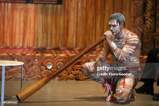 Jarred Fogarty of the Yugambeh clan performs at Auckland War Memorial Museum during the Commonwealth Games Queens Baton Relay Visit to Auckland on...