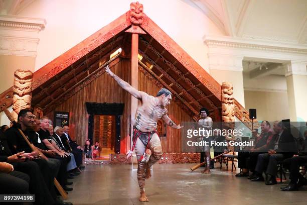 Jarred Fogarty performs as the Queens Baton is passed to the Yugambeh people at Auckland War Memorial Museum during the Commonwealth Games Queens...