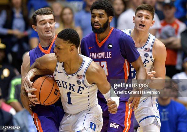 Trevon Duval of the Duke Blue Devils against the Evansville Aces during their game at Cameron Indoor Stadium on December 20, 2017 in Durham, North...