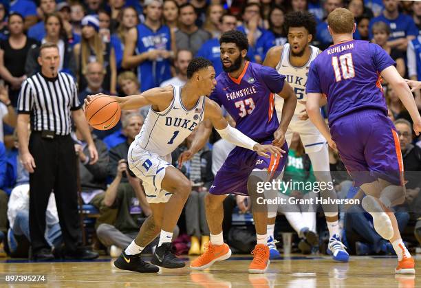 Trevon Duval of the Duke Blue Devils against the Evansville Aces during their game at Cameron Indoor Stadium on December 20, 2017 in Durham, North...