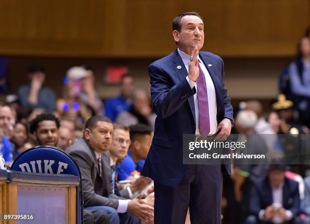 Head coach Mike Krzyzewski of the Duke Blue Devils directs his team against the Evansville Aces during their game at Cameron Indoor Stadium on...