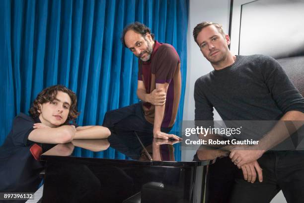 Armie Hammer, Timothee Chalamet, Luca Guadignino are photographed for Los Angeles Times on November 4, 2017 in Los Angeles, California. PUBLISHED...