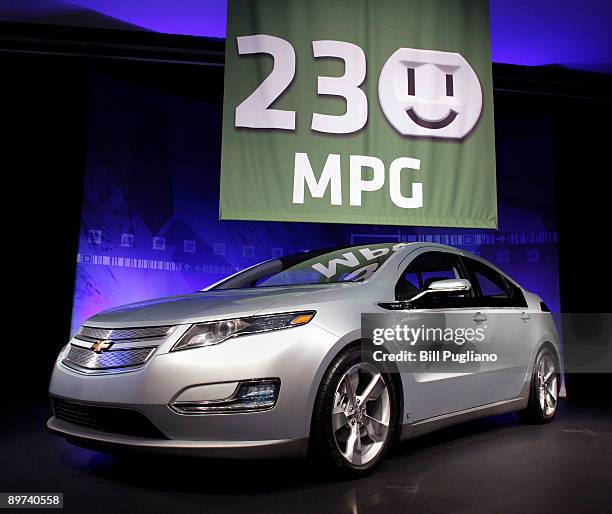 Chevy Volt Extended Range Electric Vehicle is displayed during a press confernce anouncing that the car will get an estimated 230 miles per gallon in...