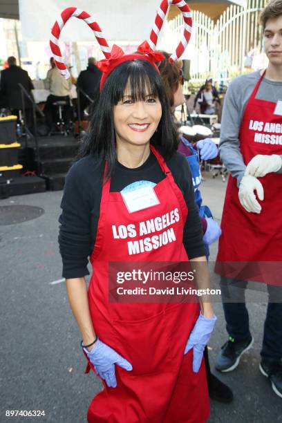 Suzanne Whang is seen at the Los Angeles Mission's Christmas Celebration on Skid Row on December 22, 2017 in Los Angeles, California.