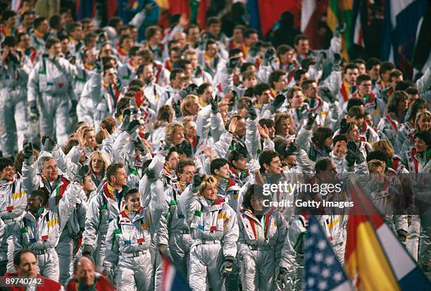 The French team parading at the opening ceremony of the Winter Olympics at the Theatre des Ceremonies, Albertville, Canada, 8th February 1992.