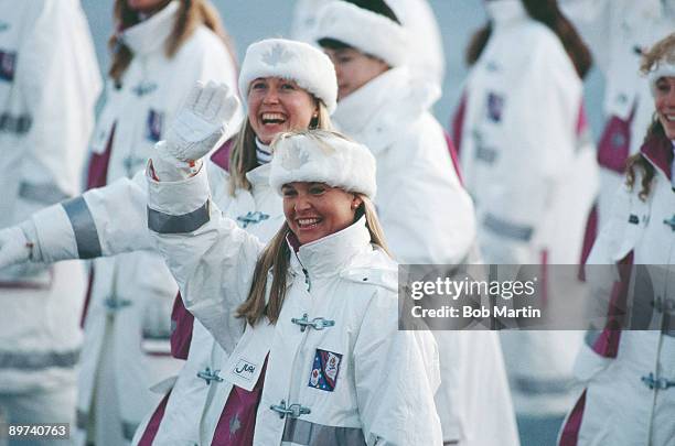 Members of the Canadian team at the opening ceremony of the Winter Olympics at the Theatre des Ceremonies, Albertville, Canada, 8th February 1992.