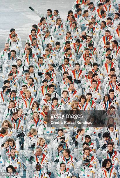 The French team parading at the opening ceremony of the Winter Olympics at the Theatre des Ceremonies, Albertville, Canada, 8th February 1992.
