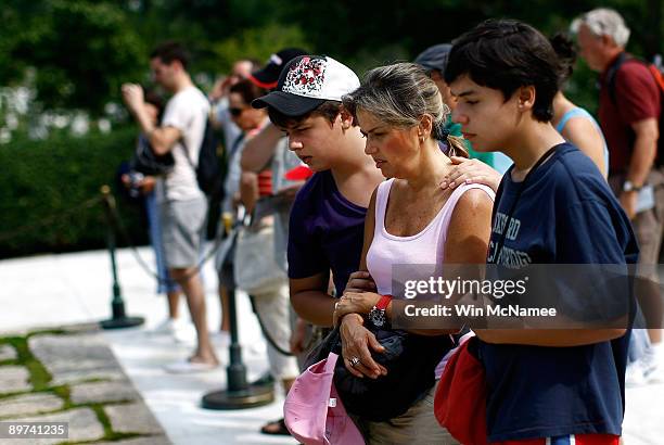 Crowds visit the gravesite of U.S. President John F. Kennedy at Arlington National Cemetery August 11, 2009 in Arlington, Virginia. President...