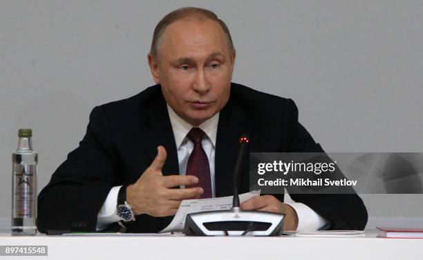 Russian President Vladimir Putin speeches during the Extended Annual Board of Defence Ministry's meeting at the Strategic Missile Troops Academy in...