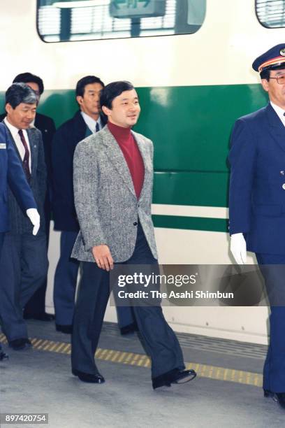 Crown Prince Naruhito is seen on arrival at JR Morioka Station on March 28, 1992 in Morioka, Iwate, Japan.