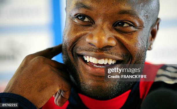 Captain of France's national football team William Gallas responds to questions during a press conference at the Torsvollur stadium in Torshavn in...