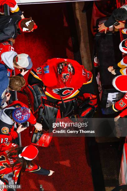 Goalie Mike Smith enters the ice before a game against the Montreal Canadiens on December 22, 2017 at the Scotiabank Saddledome in Calgary, Alberta,...