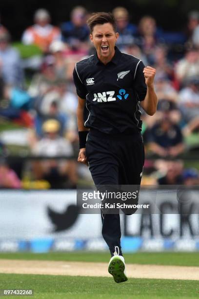 Trent Boult of New Zealand celebrates after dismissing Shimron Hetmyer of the West Indies during the One Day International match between New Zealand...