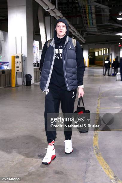 Timofey Mozgov of the Brooklyn Nets arrives at the stadium before the game against the Washington Wizards on December 22, 2017 at Barclays Center in...