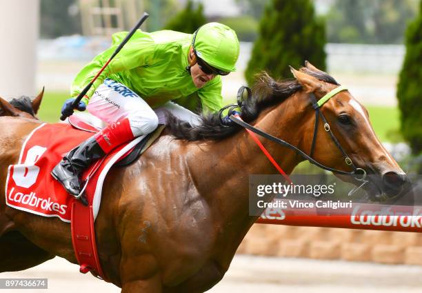 Craig Williams riding Truly Discreet wins Race 2 during Melbourne Racing at Moonee Valley Racecourse on December 23, 2017 in Melbourne, Australia.