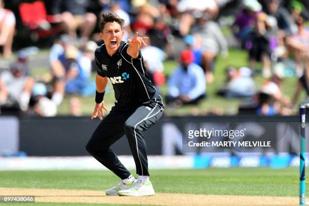 New Zealand's Trent Boult appeals for a LBW call on West Indies batsman Jason Mohammed during the second one-day international cricket match between...