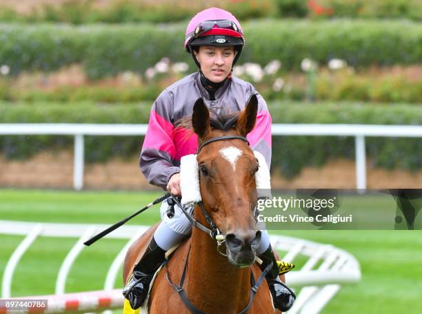 Melissa Julius riding Straight Jacket after winning Race 4 during Melbourne Racing at Moonee Valley Racecourse on December 23, 2017 in Melbourne,...