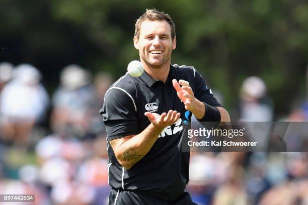 Doug Bracewell of New Zealand looks on during the One Day International match between New Zealand and the West Indies at Hagley Oval on December 23,...