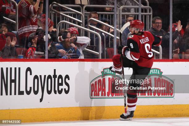Clayton Keller of the Arizona Coyotes celebrates scoring the game winning goal in overtime of the NHL game against the Washington Capitals at Gila...