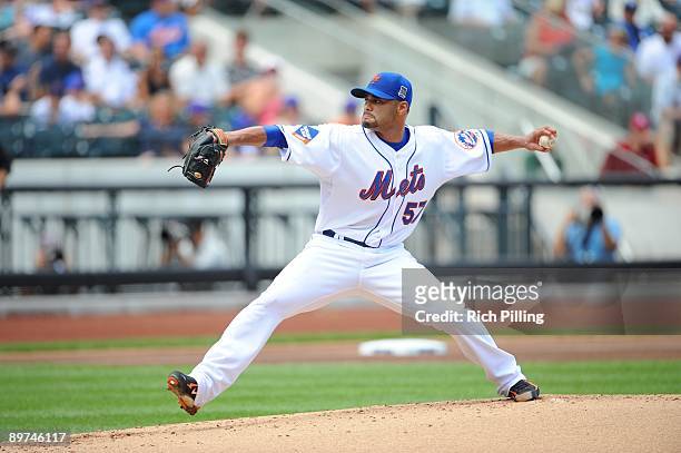 Johan Santana of the New York Mets pitches during the game against the Colorado Rockies at Citi Field in Flushing, New York on July 30, 2009. The...