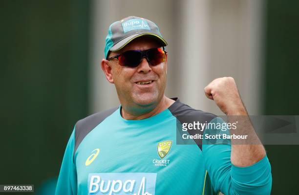 Darren Lehmann, coach of Australia looks on during an Australian nets session at the on December 23, 2017 in Melbourne, Australia.