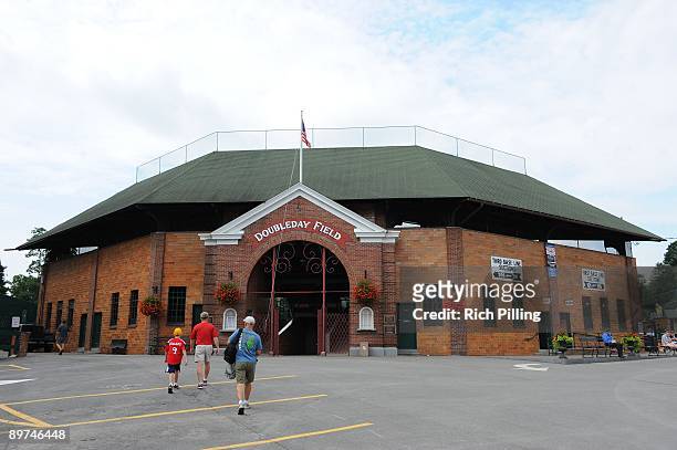 General view of Doubleday Field prior to the Baseball Hall of Fame Induction ceremonies at the Clark Sports Center in Cooperstown, New York on...