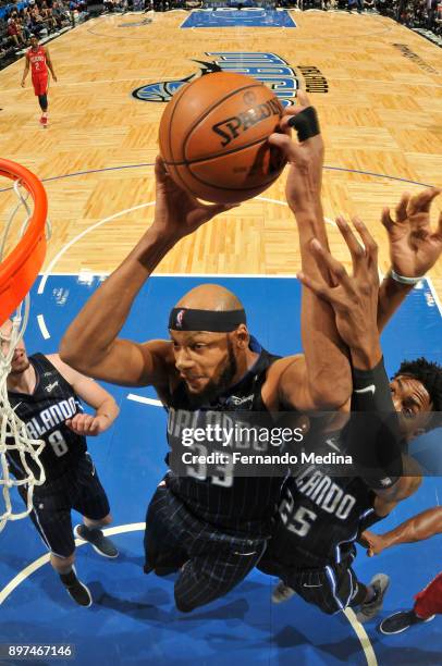 Adreian Payne of the Orlando Magic grabs the rebound against the New Orleans Pelicans on December 22, 2017 at Amway Center in Orlando, Florida Or....