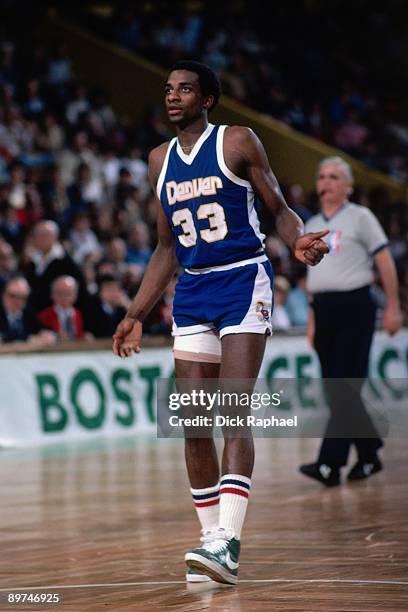 David Thompson of the Denver Nuggets moves up court against the Boston Celtics during a game played in 1978 at the Boston Garden in Boston,...
