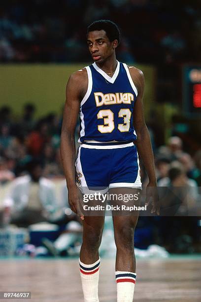 David Thompson of the Denver Nuggets looks on against the Boston Celtics during a game played in 1978 at the Boston Garden in Boston, Massachusetts....