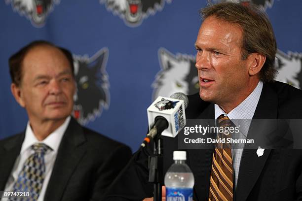 Kurt Rambis, new head coach of the Minnesota Timberwolves, is introduced to the media by Owner Glen Taylor at a press conference on August 11, 2009...