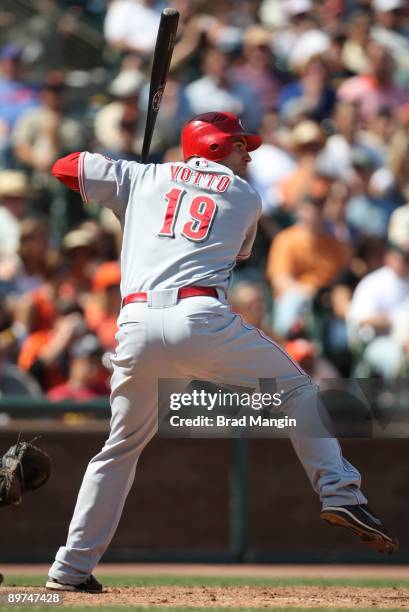 Joey Votto of the Cincinnati Reds bats against the San Francisco Giants during the game at AT&T Park on August 8, 2009 in San Francisco, California.