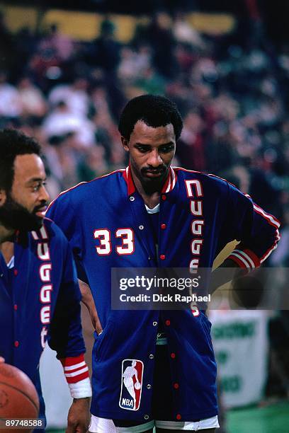 David Thompson of the Denver Nuggets prepares for a game played in 1982 at the Boston Garden in Boston, Massachusetts. NOTE TO USER: User expressly...