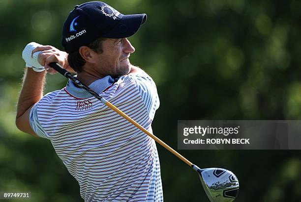 Steve Webster of England hits a tee shot during a practice round on August 11, 2009 at the 91st PGA Championship at the Hazeltine National Golf Club...