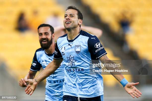 Bobo of Sydney FC celebrates with teammate Alex Brosque after scoring a goal during the round 12 A-League match between the Wellington Phoenix and...