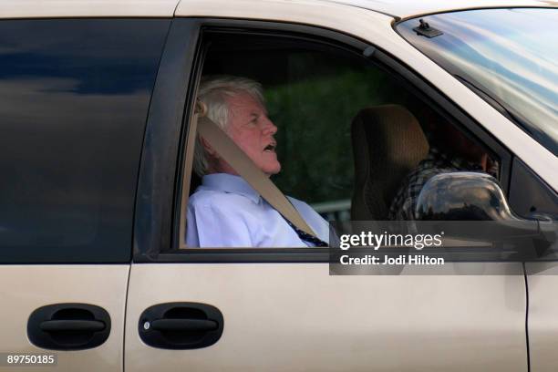 Sen. Edward Kennedy arrives by car at the home of his sister, Eunice Kennedy Shriver to attend her wake August 11, 2009 in Hyannisport,...